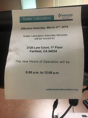 Current Lab hours for Saturday. They moved to the Diagnostic Imaging Dept. Please update website