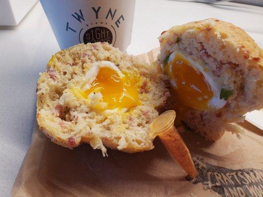 This is the Rebel - soft running egg inside a muffin blanket with bacon bits!