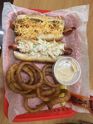 Virginia Beach Chili Cheese Dog Atlanta Slaw Dog  Onion rings