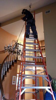 Chandelier change out on 20 ft ceiling