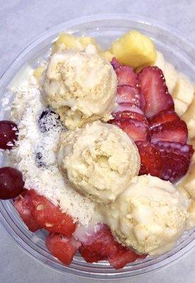 AÇAÍ BOWL WITH COCONUT, CONDENSED MILK, AND WHITE CHOCOLATE CHIP COOKIE DOUGH