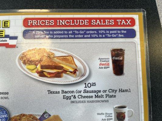 Meals include Sales Tax for dine-in. (20% for Togo orders)