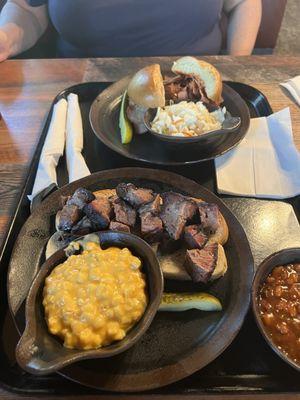 Limited Reserve Burnt Ends by Zarda (beef) and Sausage sandwich, Zarda Beans and Cheesy Corn