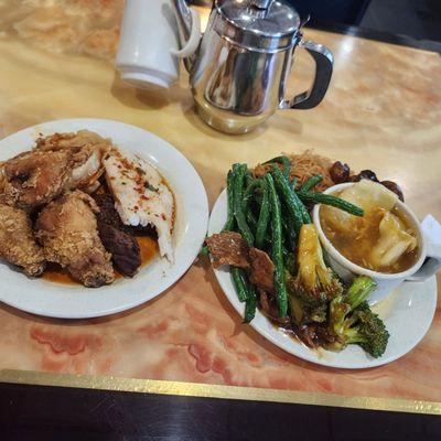 Wonton soup fried chicken wings green beans beef and broccoli steamed sawai dumplings steak sauteed mushrooms