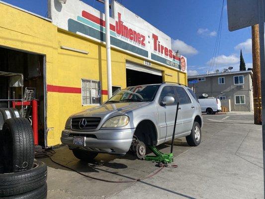 Getting my tire patched at Jimenez Tires Long Beach, CA