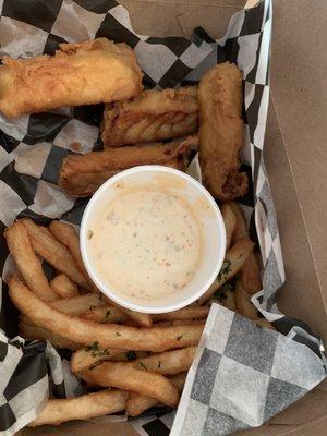 Fish and Chips, lightly battered chunks of cod with a delicious tartar sauce.