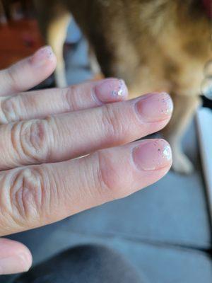 Nails are thick, sloppy at edges and uneven.