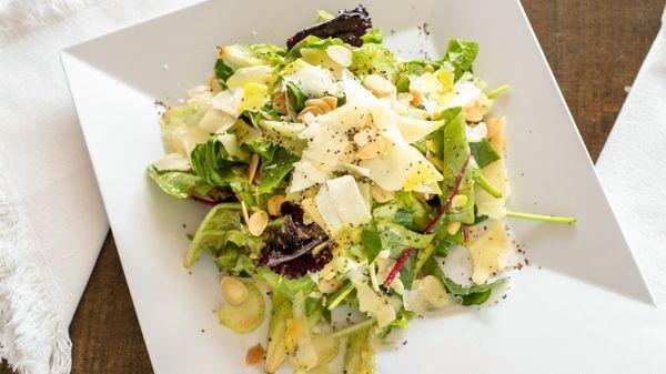 Go Green Salad: Spring greens, fennel, celery, pears, toasted almonds, basil, shaved parmesan, cracked pepper, olive oil, citrus vinaigrette