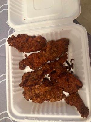 These are chicken tenders.   They are burnt, hard, and dry as cardboard.