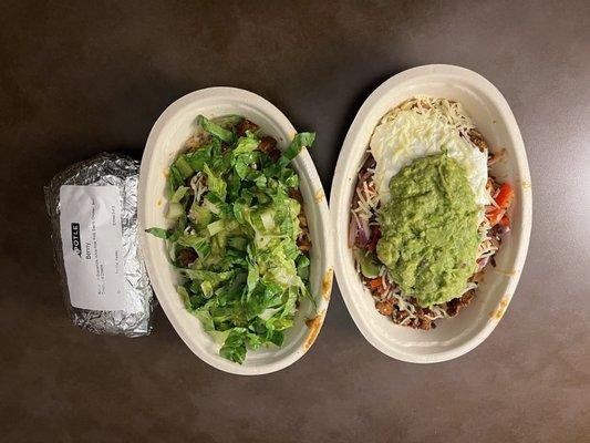 Smallest portion I've ever been given at a Chipotle. Ordered extra lettuce for both bowls. Peep the sad burrito