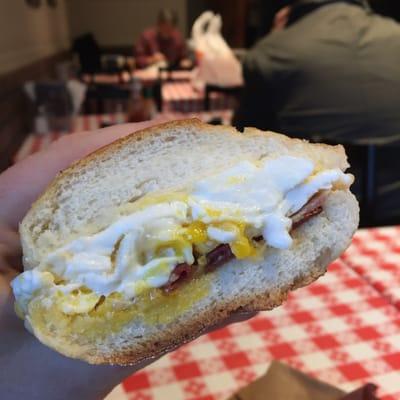 Awesome breakfast sandwich with mozzarella and on tasty Italian bread. $3.25. Awesome value.