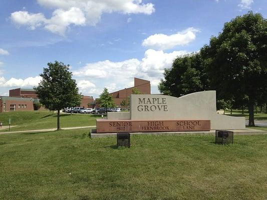 View of Maple Grove Senior High School sign and building in Maple Grove, MN. 9800 Fernbrook Ln N, Maple Grove, MN 55369