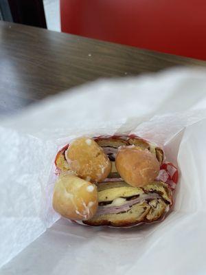 Bonus with 3 mini glazed donut's included  Along with the Bacon, Ham, cheese, egg, croissant.