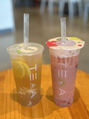 lychee fruitea (left)