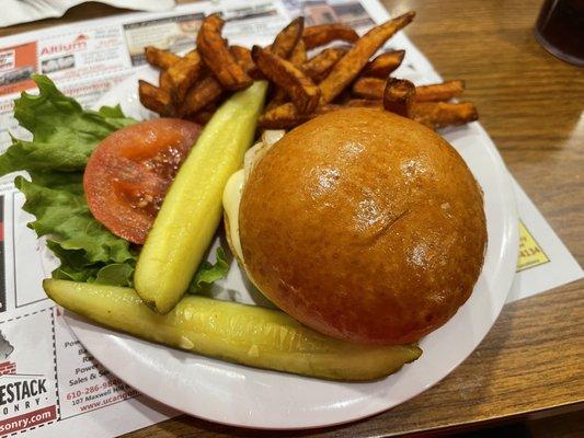 Burger. So fresh and tasty and those sweet potato fries yum