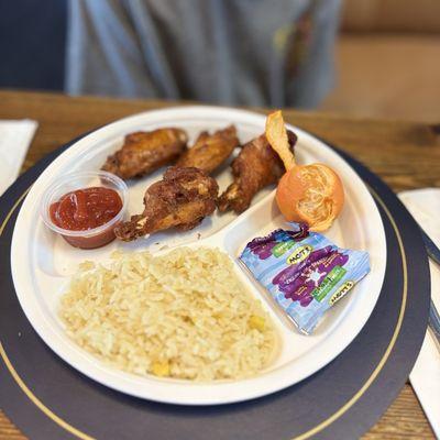 Kids Chicken wings and rice.