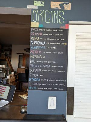 Origins of coffee menu