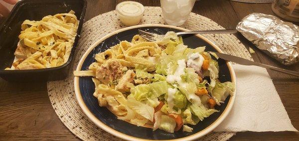 Pasta Alfredo and salad