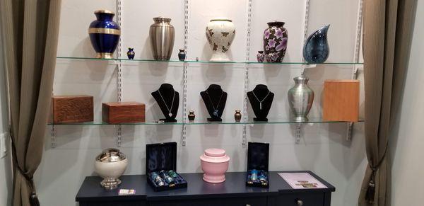 Just a few of the many urn options available for those families choosing cremation services