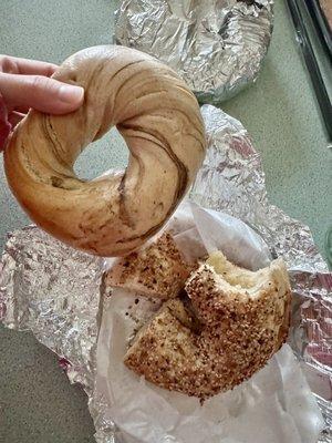 Cinnamon Raisin Bagel (Left) ; Everything Bagel with Butter (Right)