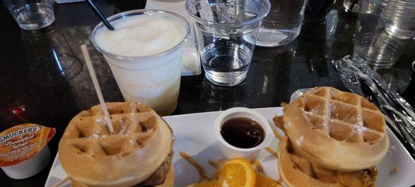 Chicken and waffles Frozen Peach Dusse Maragita