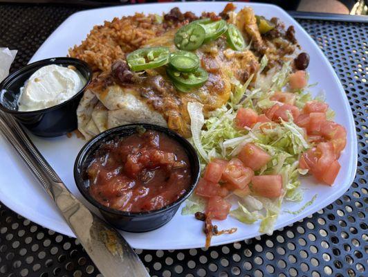 Mmmm! Their signature "Wet Burrito topped off with Bison Chili!