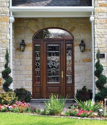 Mahogany Front door with matching sidelights & transom in courtlandt design