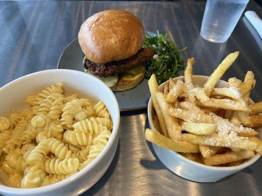 Mac and cheese, truffle fries, buttermilk chicken sandwich.