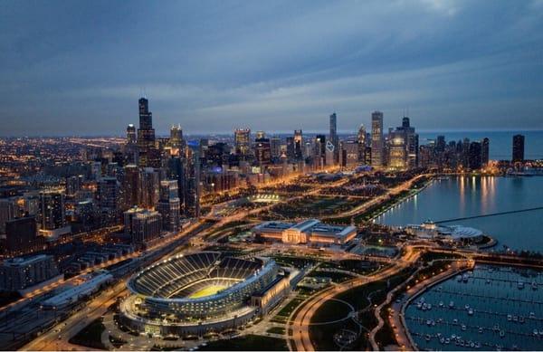 Soldier's Field, Grant Park, Buckingham Fountain and Navy Pier.