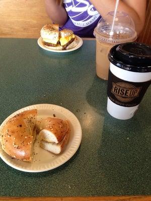 Bagel bakery with rise up coffee because their own coffee is yuck!