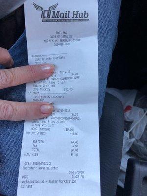 My receipt for 2 large priority USPS flat rate boxes $30 each after $10