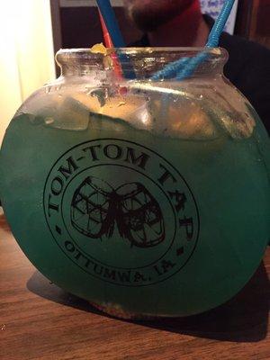 Tom-Tom fish bowl, made complete with nerds on the bottom and a handful of Swedish fish