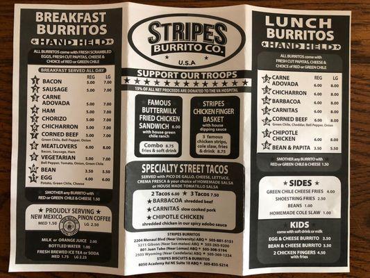 The menu from the Stripes Burrito Company on Wyoming.