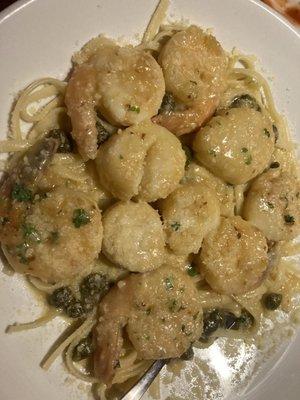 Seafood pasta delicious and loaded with huge shrimp and scallops for only 21$!!