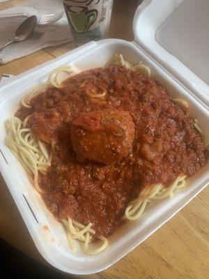 Large portion of Spaghetti and a meatball. Meat sauce was very good.