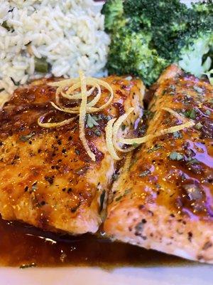 Sweet Chili Sauce Roasted Salmon, Rice Pilaf, Steamed Broccoli