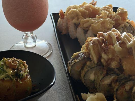 Antojito, tiger and fuji roll. Strawberry daiquiri.