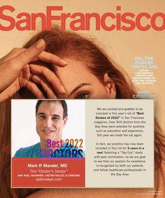 Dr. Mandel was on this year's list of:
 
 "Best Doctors of 2022"
 in The San Francisco Magazine.