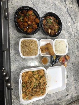 Orange chicken, Mongolian beef, chicken egg roll, crab cheese wonton, house fried rice