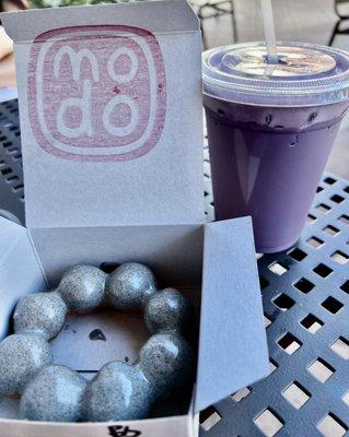 Ube Soy Latte ($5.50) and Black Sesame Mochi Donut ($2.25)