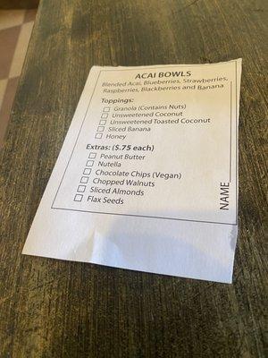 açaí bowl menu