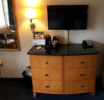 Granite top Maple Art Deco Dresser equipped with coffee maker and 32" LED TV