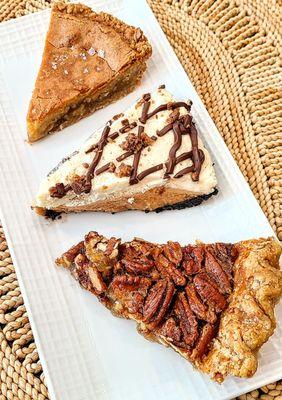 Brown sugar chess pie, peanut butter cream pie, and bourbon pecan pie. All were so good!!