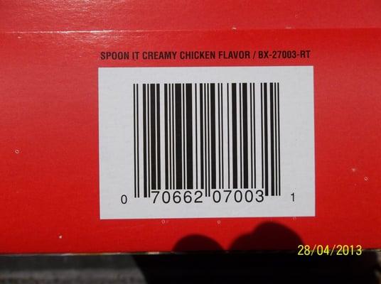 UPC code for "Spoon It" Creamy Chicken soup. Pleae print these and take to your local grocery store MANAGER.