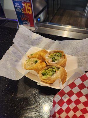 Chicken and broccoli cheese steak egg rolls