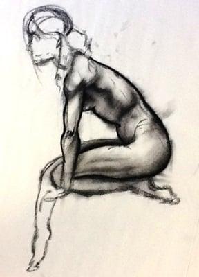 Master Omie's rough sketch of posing model at art class for portfolio preparation art students.