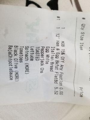 Receipt reflecting Italian bread