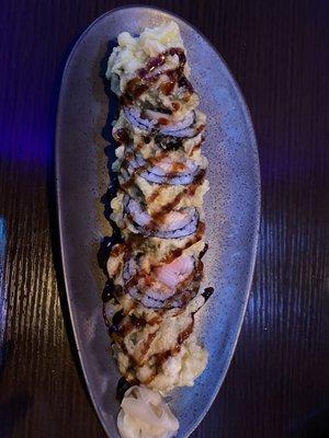 Happy hour roll (customized: eel, whitefish, imitation crab, deep fried)