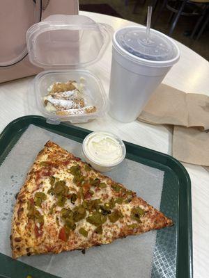 Cannoli, Pizza by the Slice with green chile & Ranch Sauce.