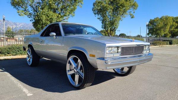 1985 El Camino. Perris Tire & Wheels installed a lift kit that allowed me to run 24's. Thanks Freddy for bringing my vision to life.